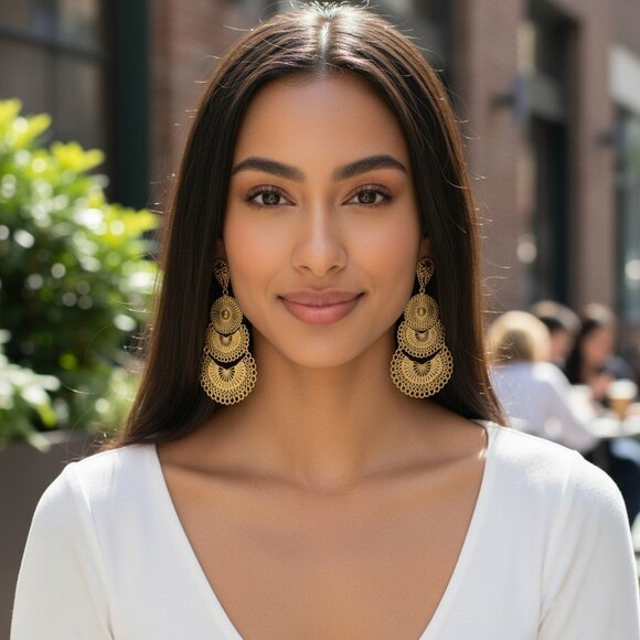 MOROCCAN BOHO Gold Filigree Discs Long Statement Earrings Festival Morocco - Picture 1 of 9